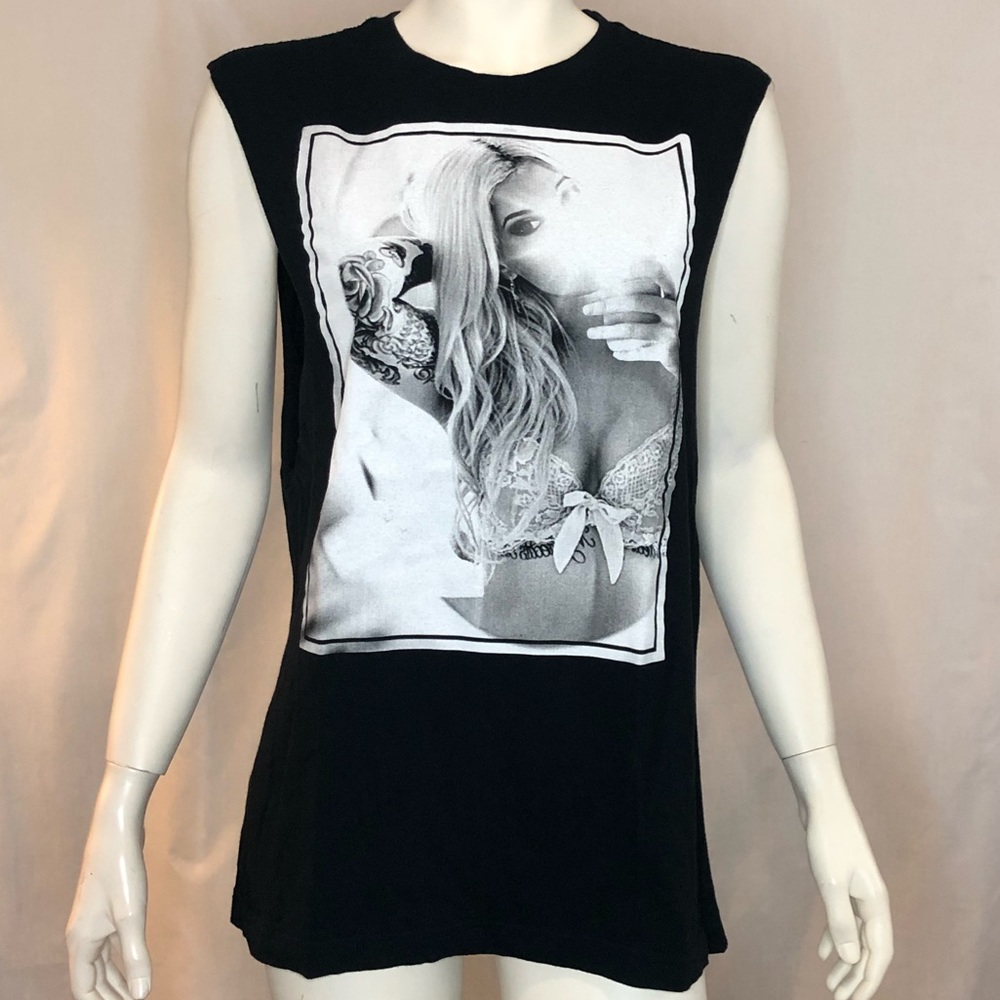 Blonde bombshell tattoo model on unisex black sleeveless tank top size large